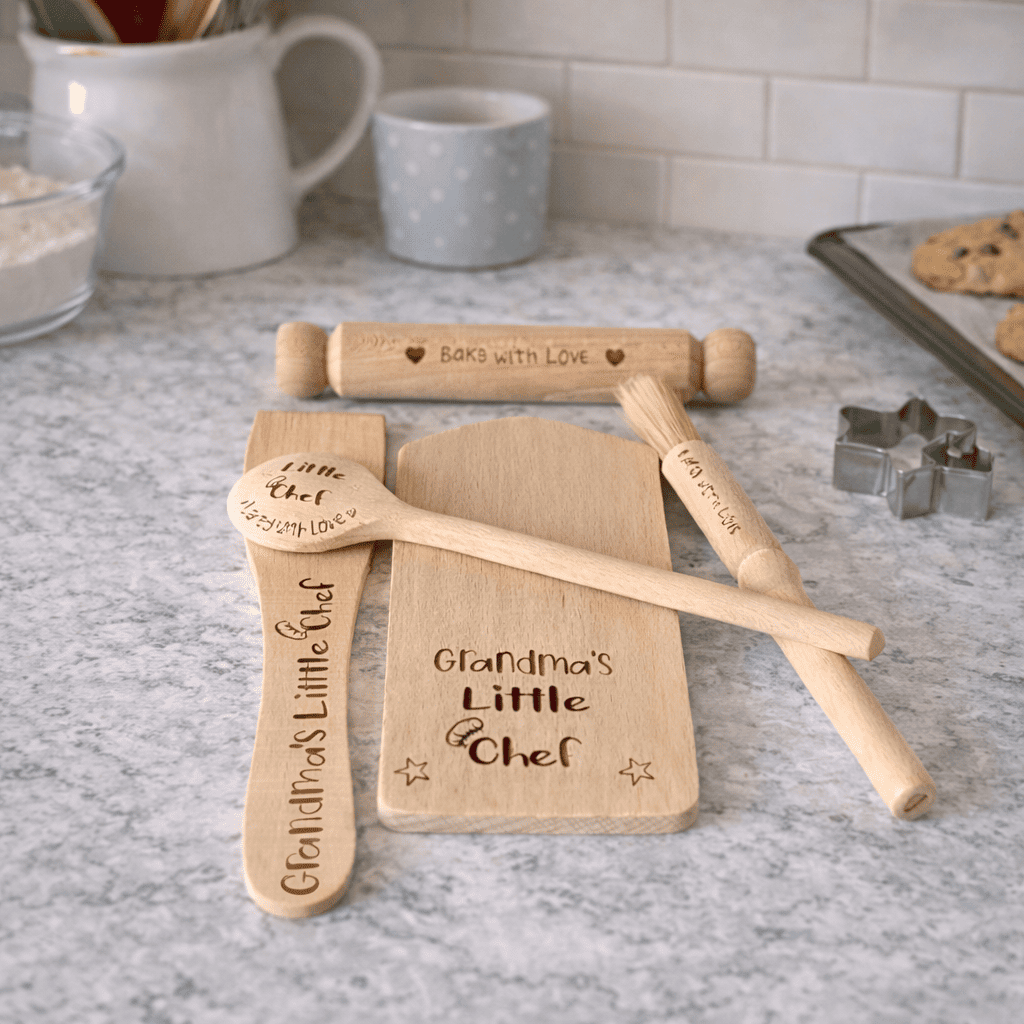 personalised children’s wooden cooking set – 5 piece little chef baking kit