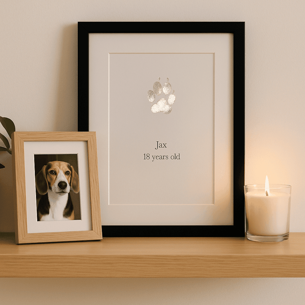 a4 pet paw print in black frame  on a shelf with a lit candle and a photo of a dog