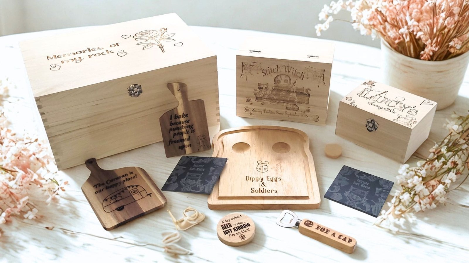 personalised gifts engraved boxes, chopping boards, slate coasters and bottle openers