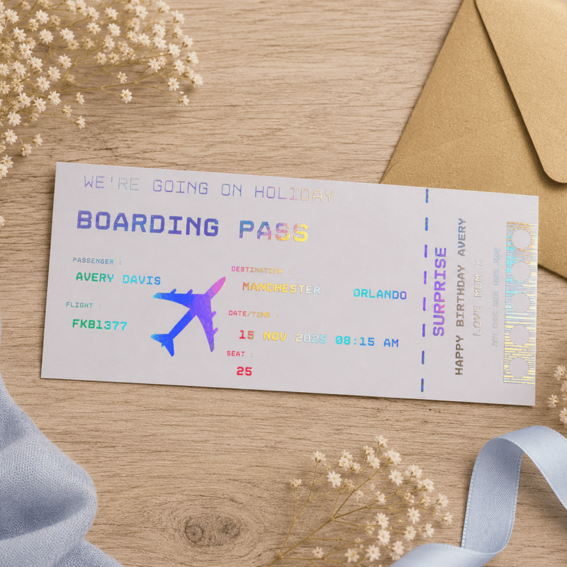 A personalised holographic boarding pass with a rainbow foil finish, designed to reveal a surprise holiday destination.