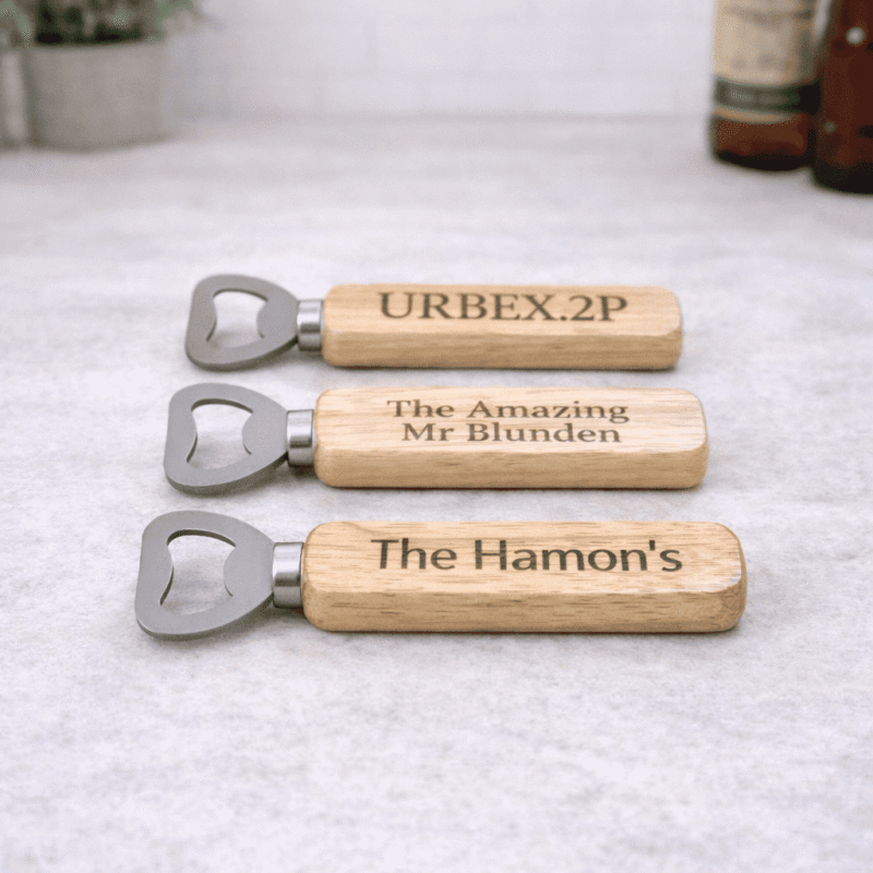 personalised engraved wooden bottle openers with custom names and messages