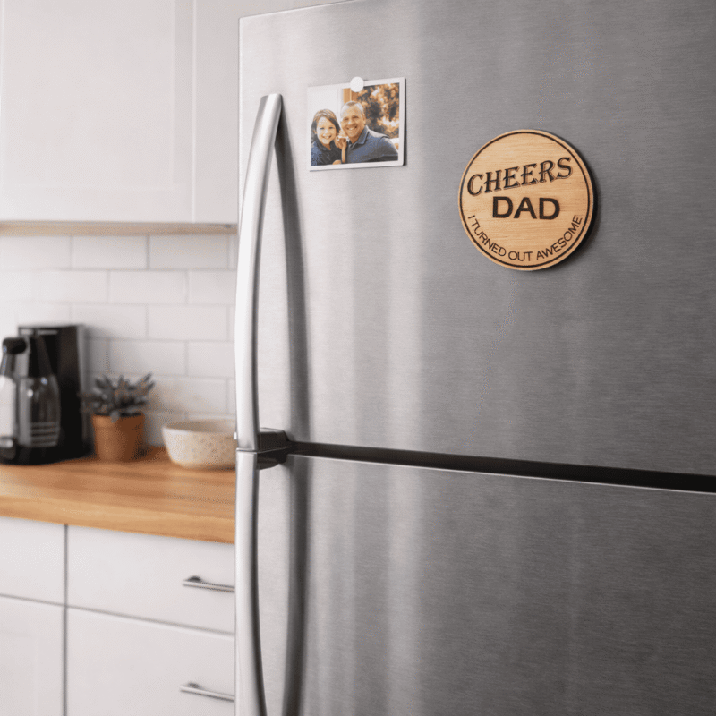 engraved wooden cheers dad bottle opener fridge magnet with funny message