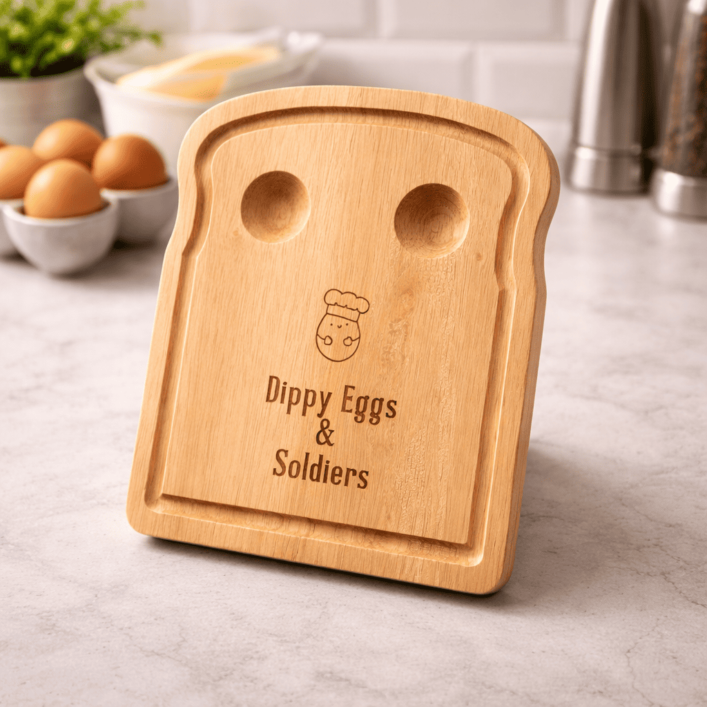 wooden dippy eggs and soldiers breakfast board with egg holders