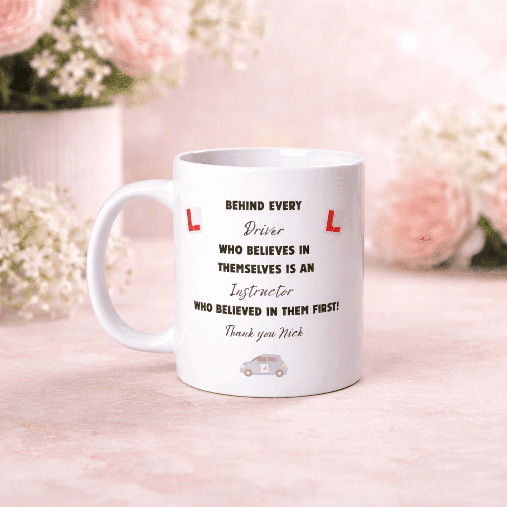 driving instructors personalised thank you mug new driver passed design on pick flowers background