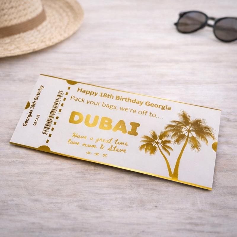 Personalised foil boarding pass ticket for surprise holidays and trips. Luxury foil finish with custom destination, flight details and message. Handmade in the UK.