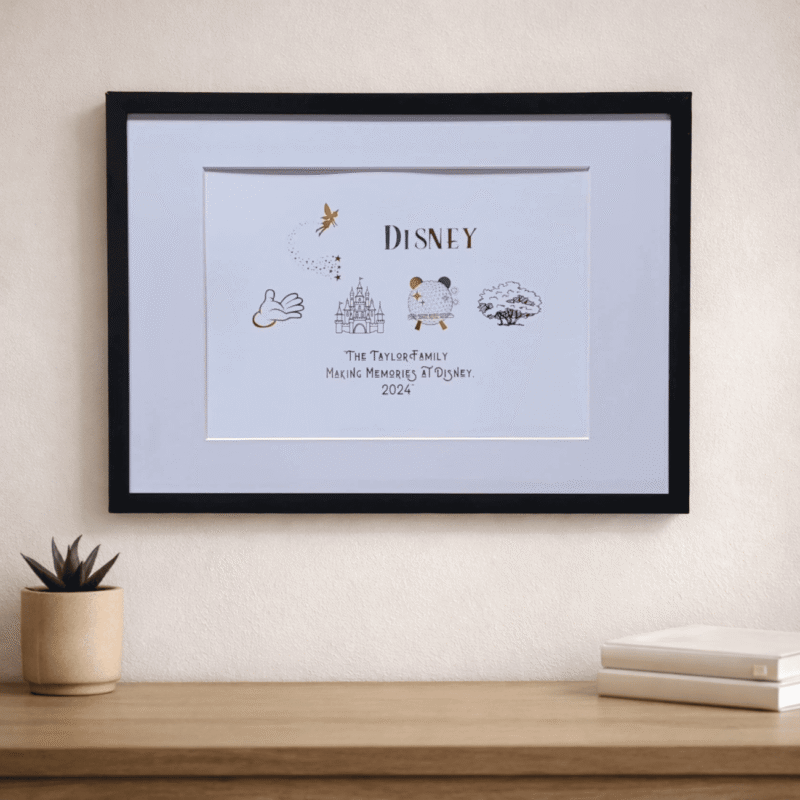 a3 framed theme park inspired metallic foil art print creating memories personalised family print gift on cream wall and wood shelf
