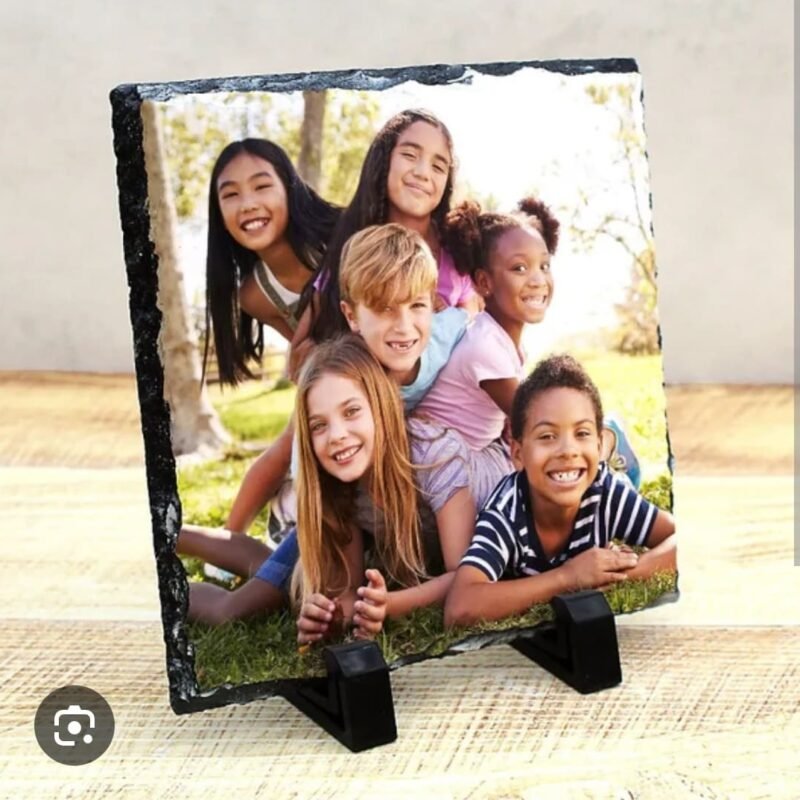personalised square photo slate frame with family photograph printed on natural slate with display stands