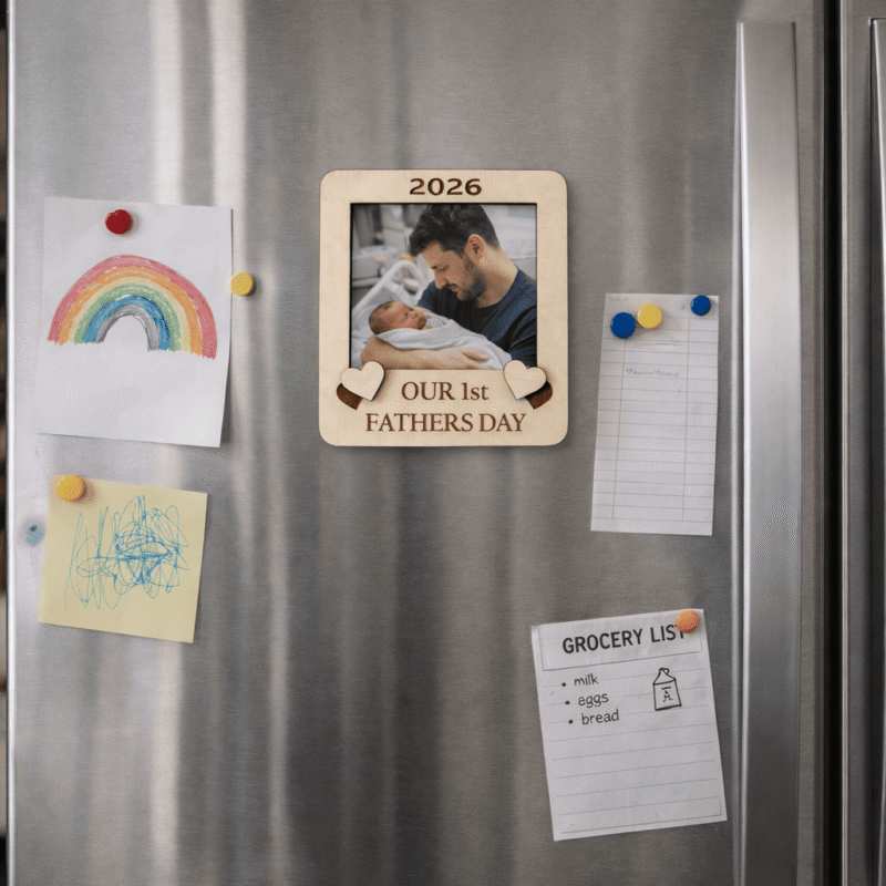 Personalised wooden First Father’s Day photo frame fridge magnet displayed on refrigerator with baby photo.