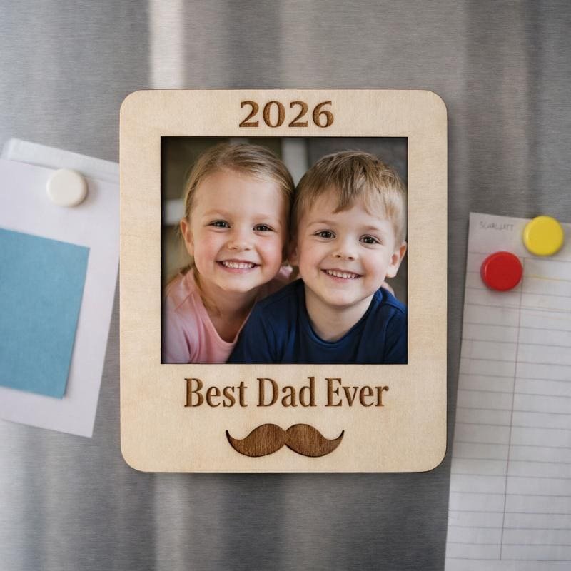 Personalised Best Dad Ever beech wood photo frame fridge magnet with engraved moustache design. on a fridge