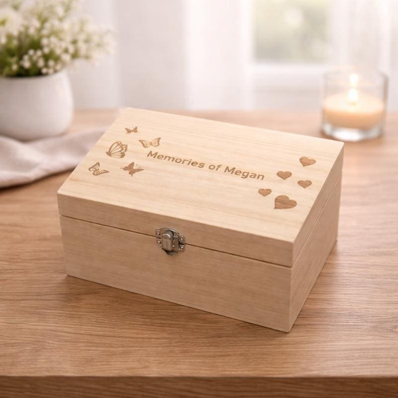 Personalised wooden memorial memory box engraved with butterflies and hearts design.