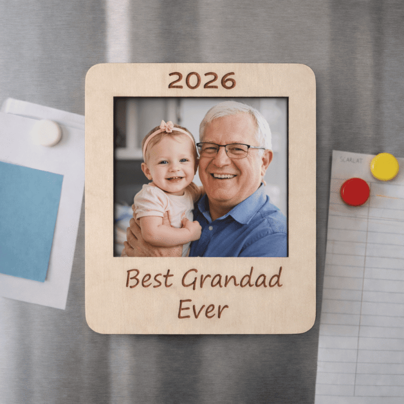 Personalised Best Grandad Ever beech wood photo frame fridge magnet with engraved year and family photo.