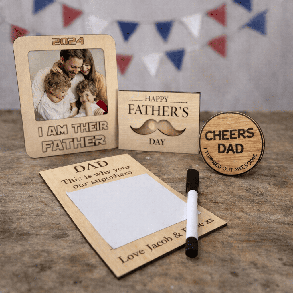 fathres day gift set with a photo frame fridge magnet,card holdr,bottle opener and note pad