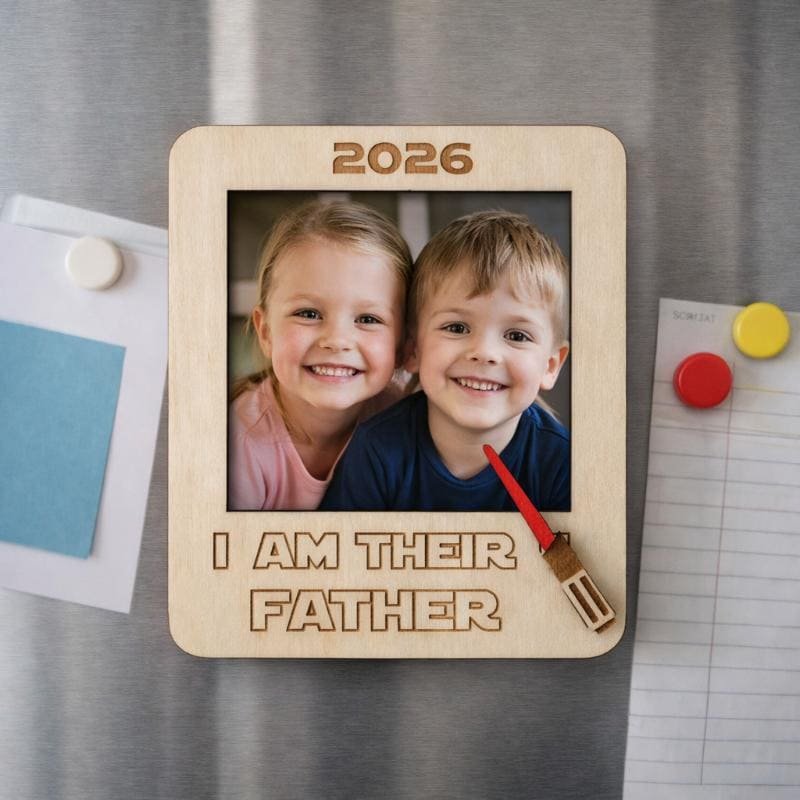 Personalised I Am Their Father beech wood photo frame fridge magnet with engraved lightsaber design.
