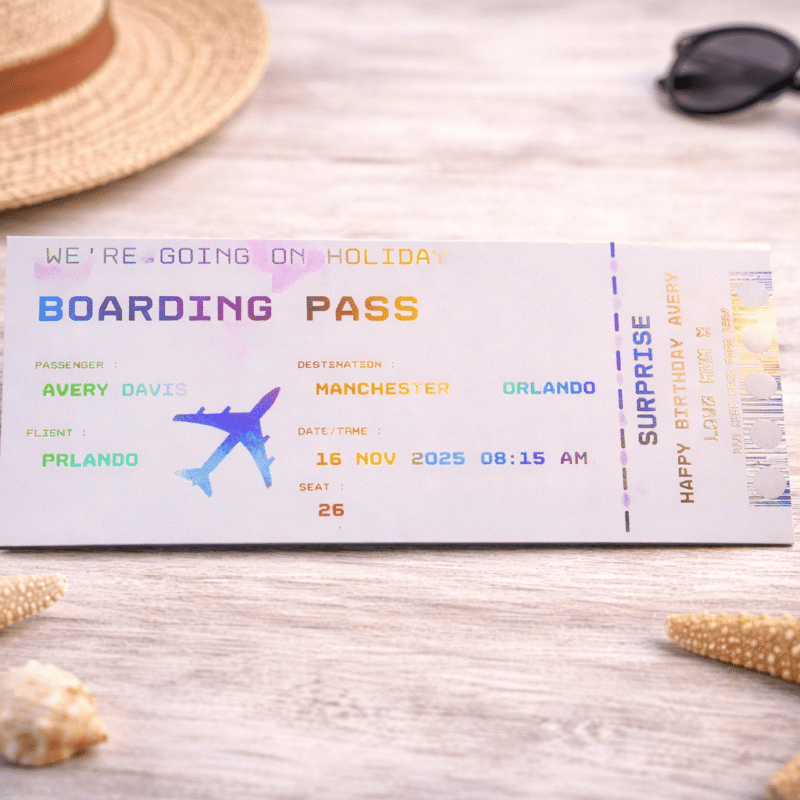 personalised holographic boarding pass ticket with rainbow foil finish used to reveal a surprise holiday destination
