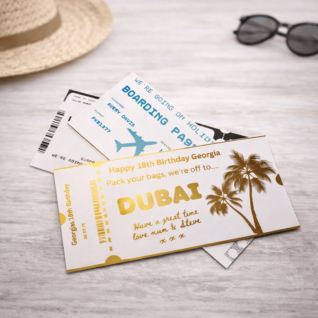 various deigned foil printed personalised boarding pass holiday surprise voucher