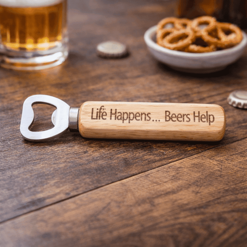 engraved wooden bottle opener with life happens beers help text and stainless steel opener on rustic wooden table
