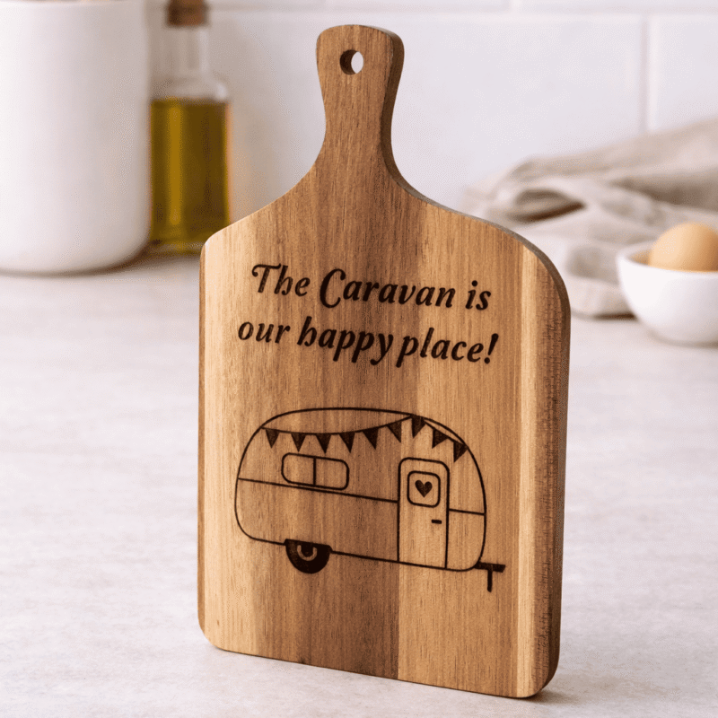 wooden caravan happy place mini chopping board