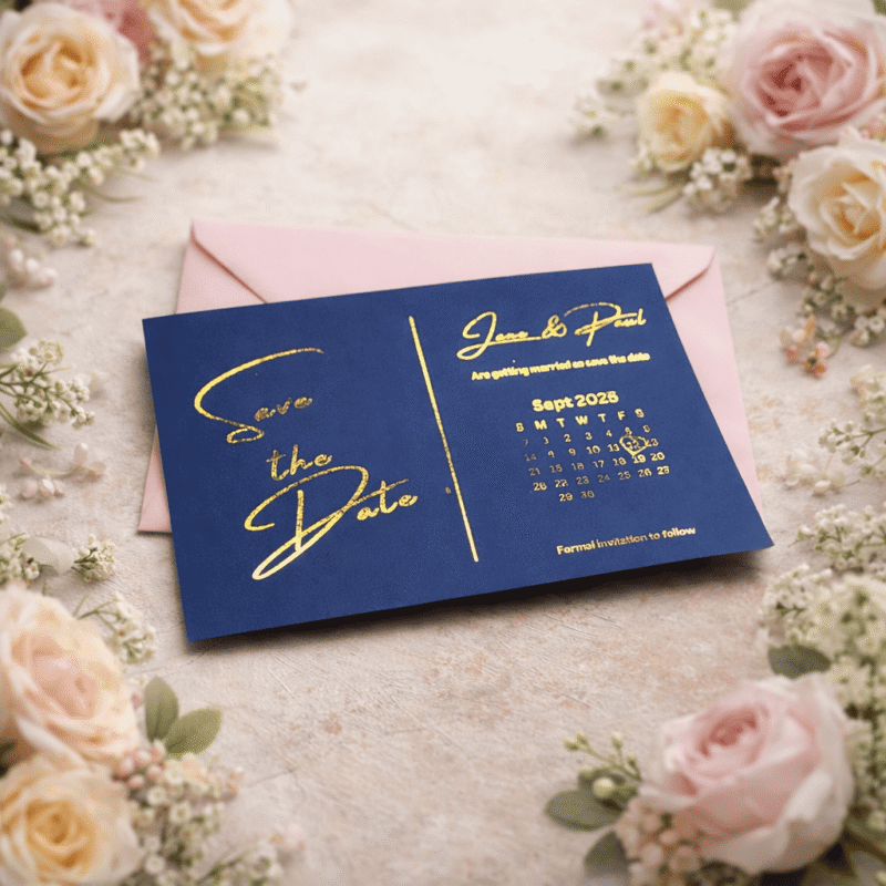 personalised royal blue foil save the date wedding card with pink envelope modern foil wedding save the date card with calendar highlight luxury royal blue wedding save the date stationery personalised wedding announcement card with foil lettering foil save the date wedding card with blush pink envelope
