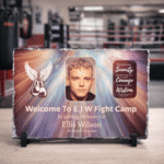 personalised memorial photo slate plaque with boxing tribute design and photograph