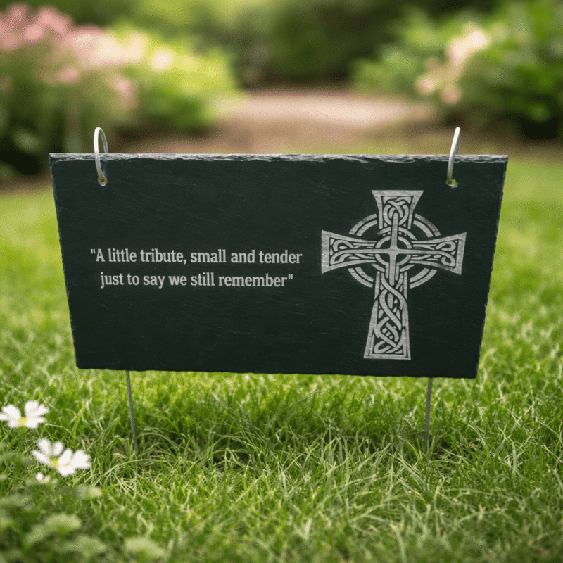engraved slate memorial grave marker with celtic cross design and remembrance verse on lawn