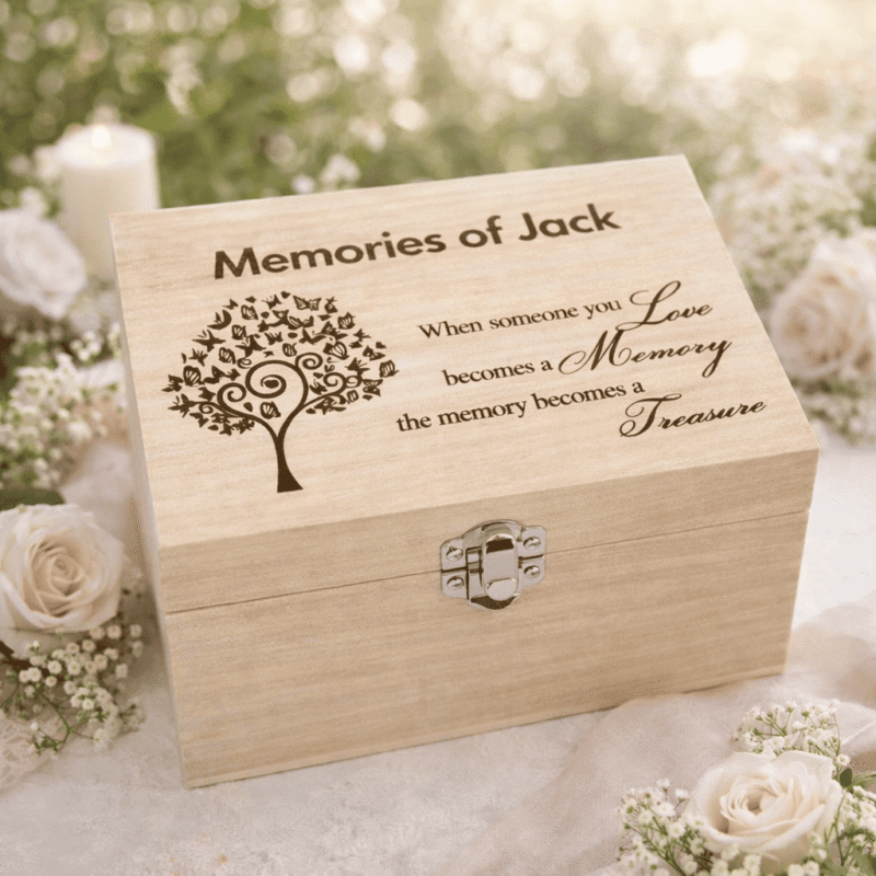engraved wooden memorial memory box with tree of life design