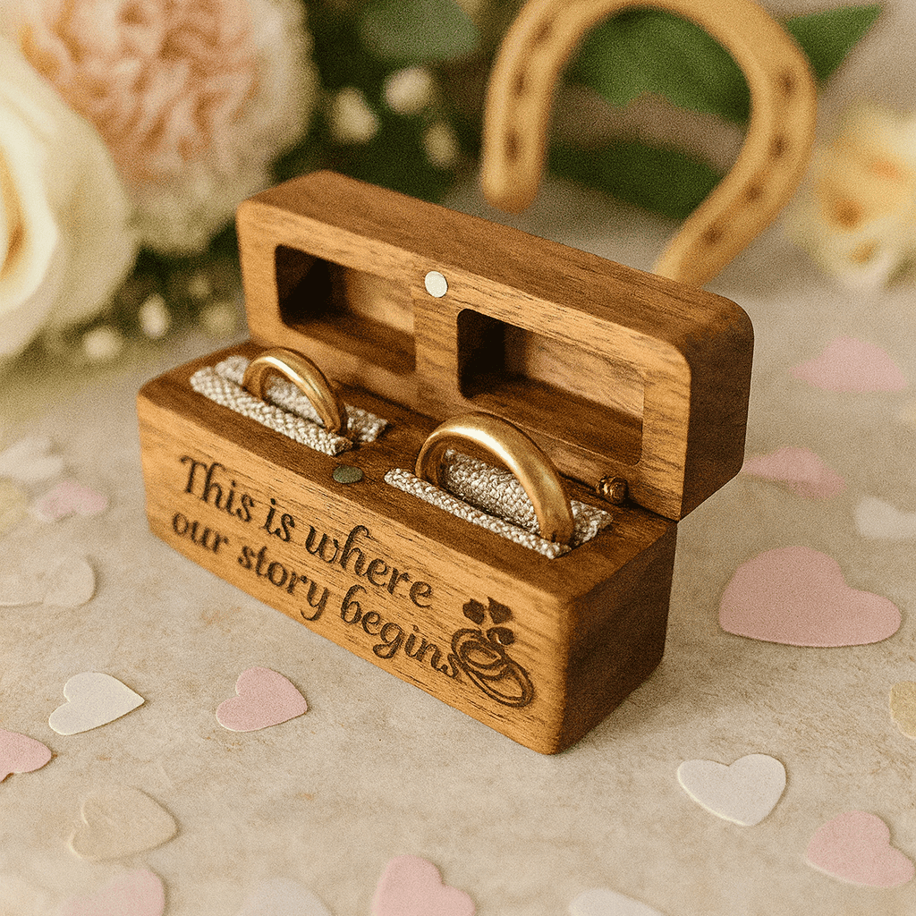 personalised wedding ring walnut double box - this is where our story begins engraved quote on light background