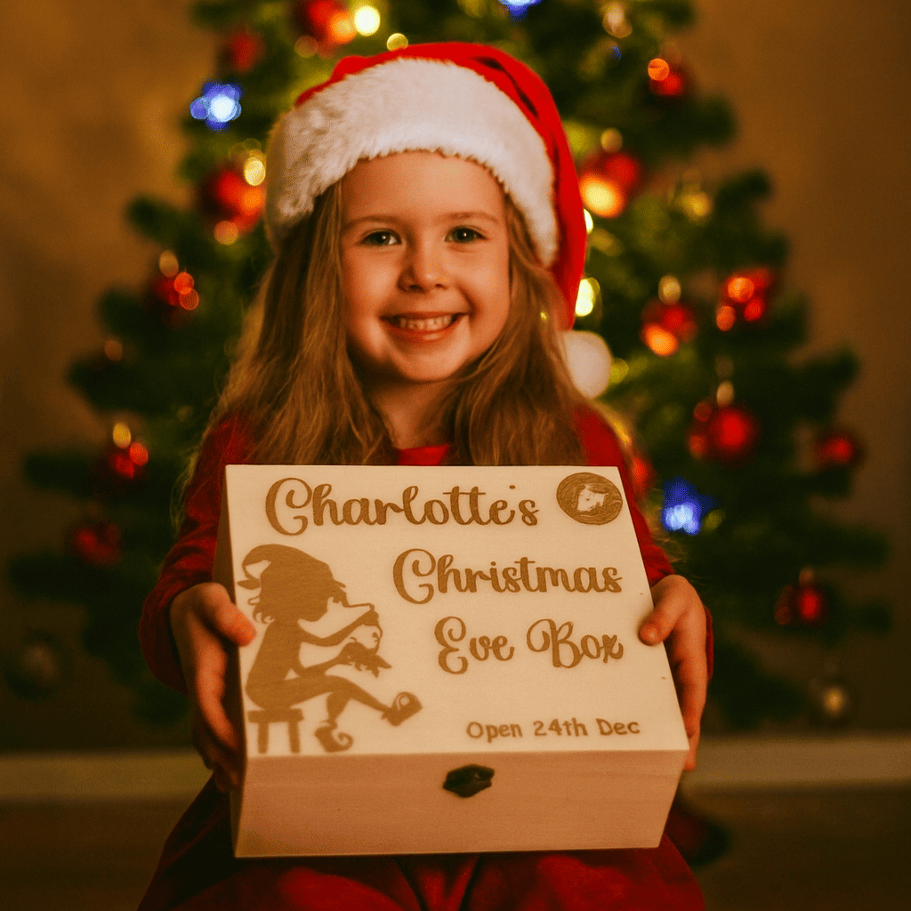 little girl standing in front of a christmas tree holding her personalised engreaved christmas eve box