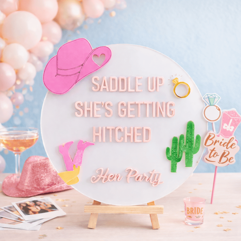 personalised round acrylic cowgirl hen party welcome sign