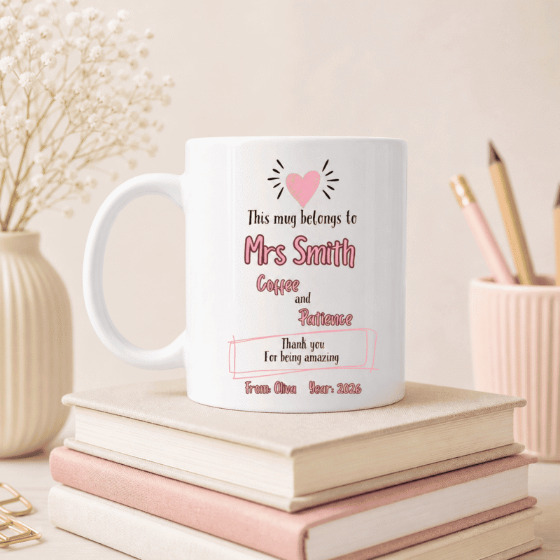 pink teachers thank you mug designed and personalised for mrs smith