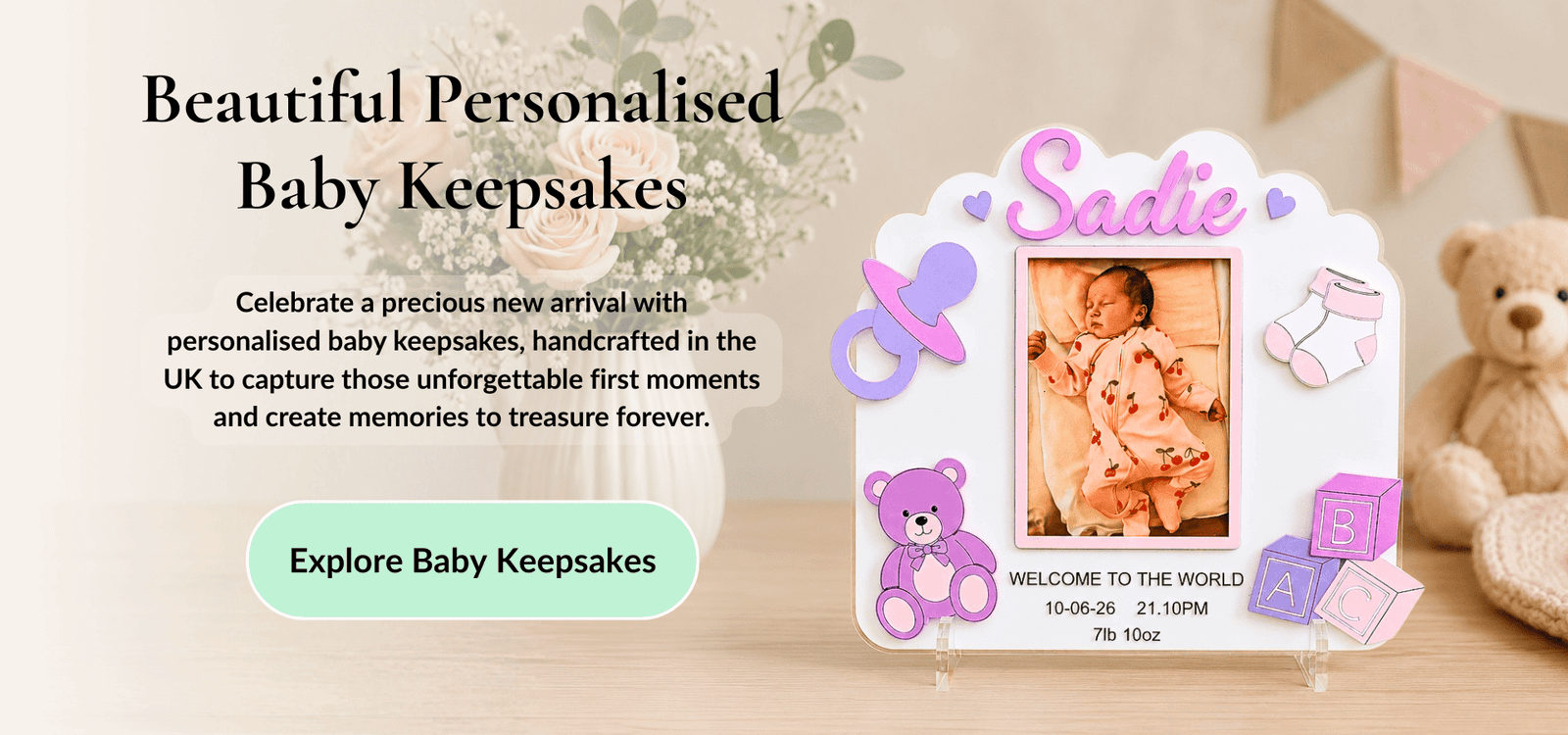 Personalised baby keepsakes and new baby gifts handmade in Cheshire