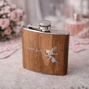 Personalised engraved wooden hip flask featuring a fairy design, a unique handmade birthday gift personalised by Laser Guided Gifts in the UK.