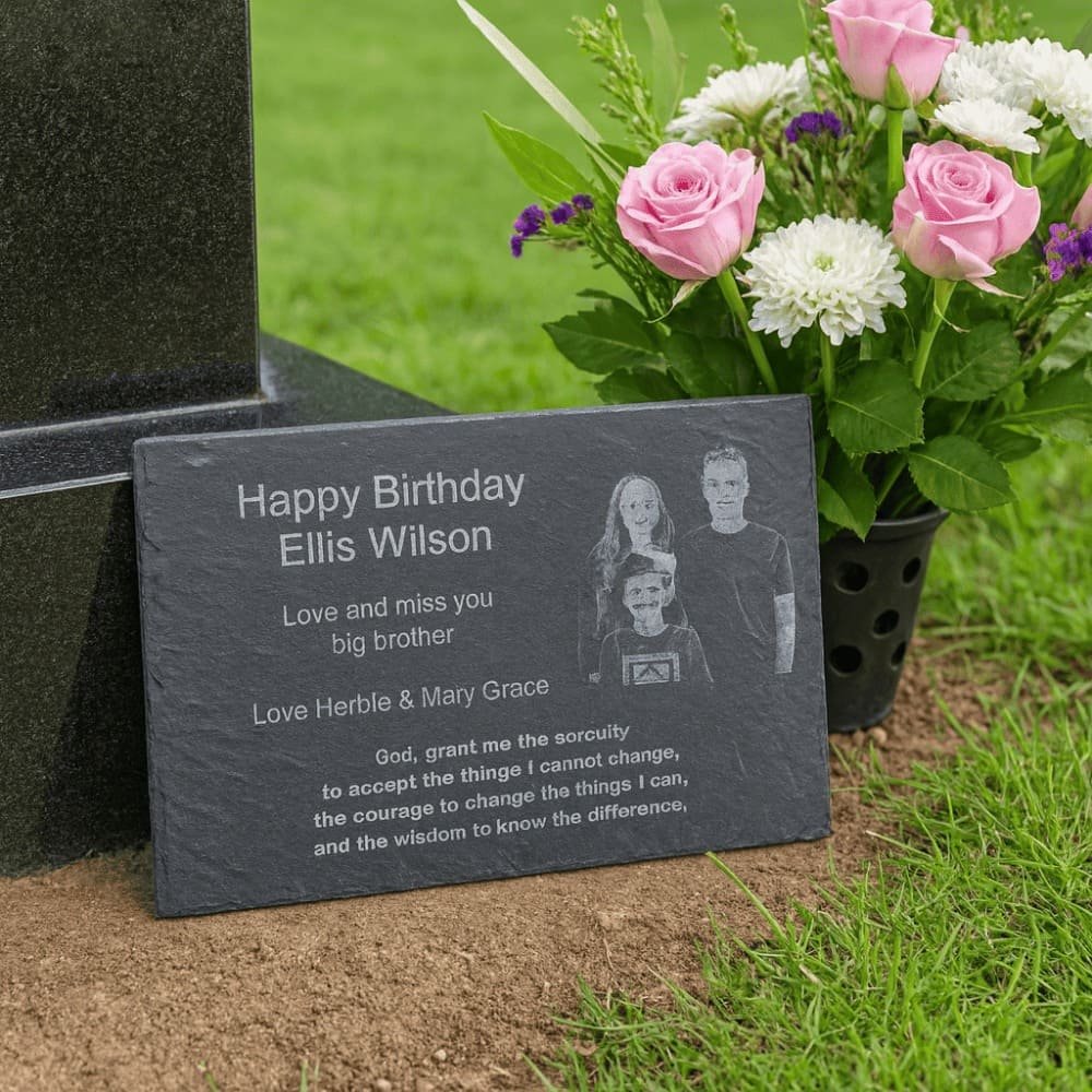 Personalised engraved slate memorial plaque featuring a custom family portrait and remembrance message, a thoughtful memorial keepsake handmade in the UK.