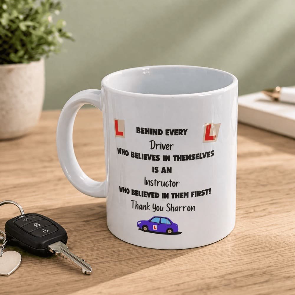 Personalised thank you mug for a driving instructor featuring a custom message and driving design, a thoughtful handmade personalised gift.