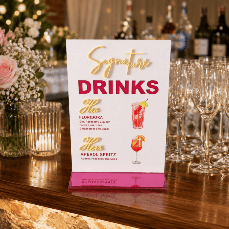 Luxury personalised A5 acrylic wedding signature drinks menu with raised 3D yellow lettering, UV printed cocktail illustrations and a matching mirrored acrylic stand.