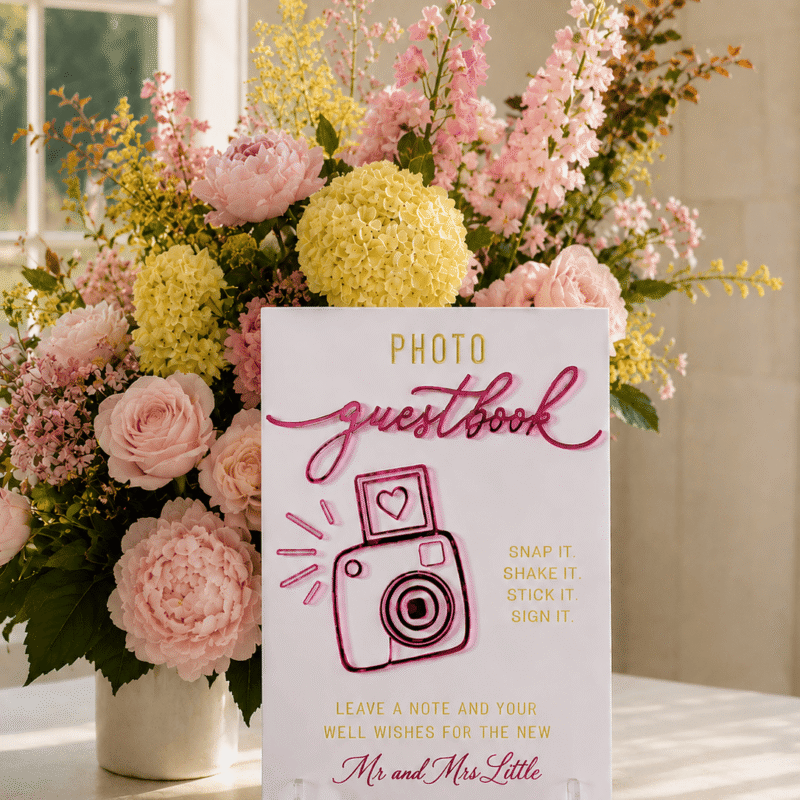Personalised wedding guest book sign with magenta mirror acrylic lettering and floral backdrop.