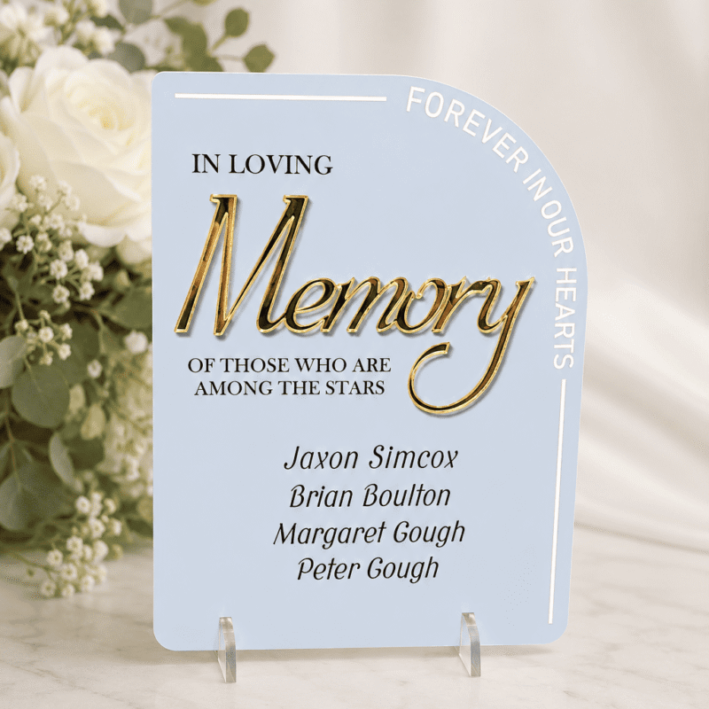 Luxury personalised A5 acrylic wedding memorial sign with raised mirrored acrylic "Memory" lettering, engraved painted details and clear acrylic display feet.