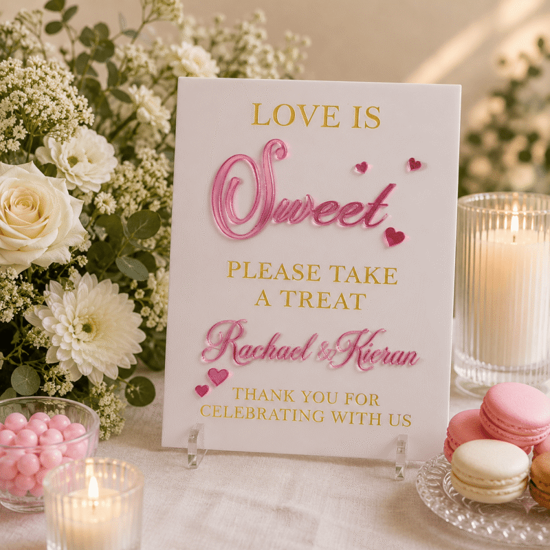 Luxury personalised A5 acrylic wedding sweet table sign with raised mirrored acrylic lettering, engraved painted details and clear acrylic display feet.