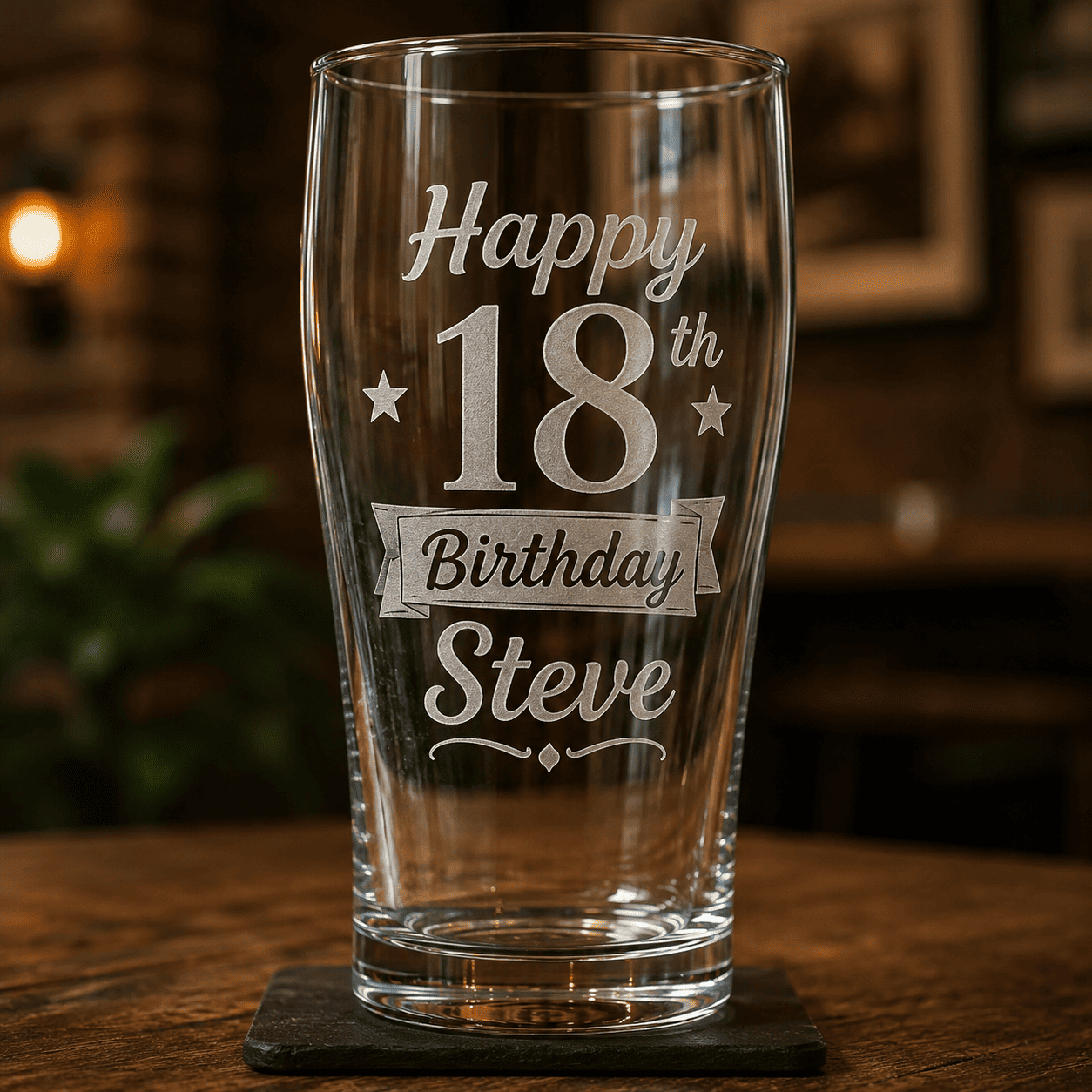 Personalised engraved 18th birthday pint glass featuring a name and birthday design, a special keepsake gift for a milestone birthday.