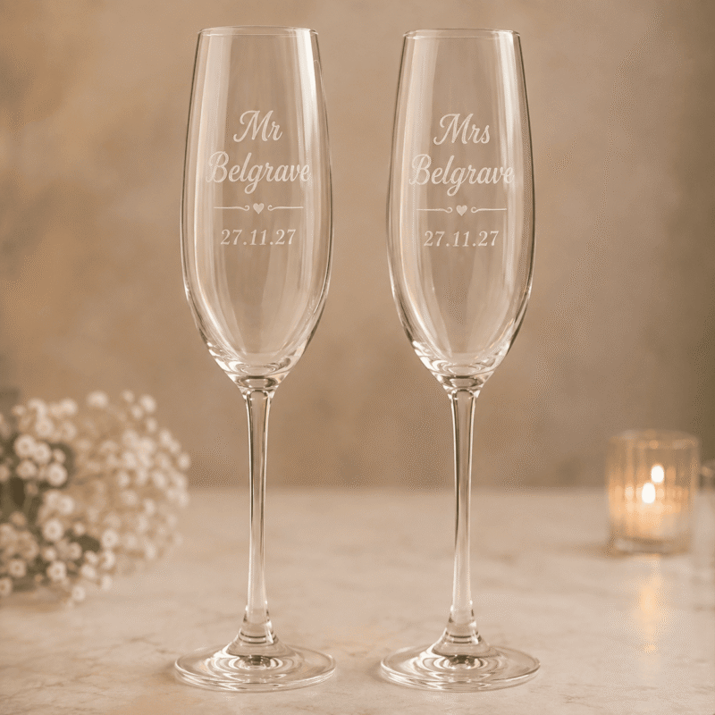 Personalised engraved wedding champagne flute set with bride and groom names and wedding date, handmade in Cheshire.