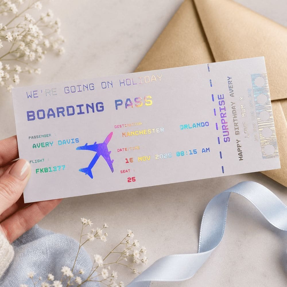 Personalised foil boarding pass gift ticket featuring custom names and holiday details, a unique surprise gift for a holiday or special trip.
