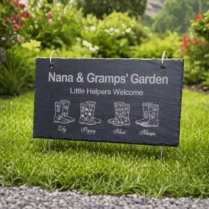 Personalised engraved slate garden sign for grandparents featuring welly boot designs and family names, a thoughtful personalised garden gift.
