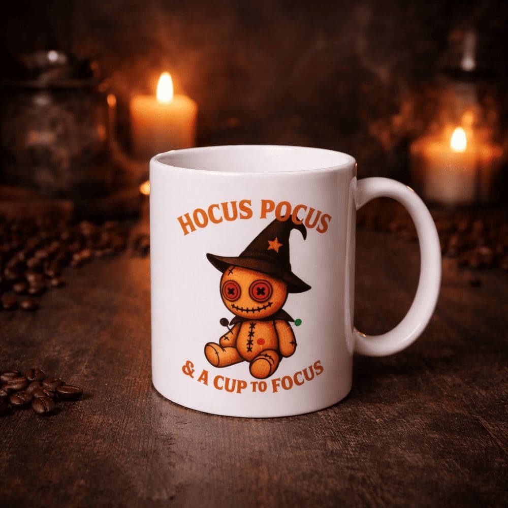 Personalised-style Hocus Pocus coffee mug featuring a cute witch design, a fun gift for coffee lovers and Halloween fans.