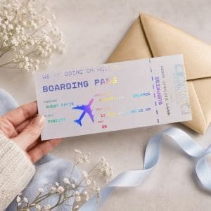 Personalised foil boarding pass ticket gift presented with an envelope and ribbon, a unique keepsake for a surprise trip or holiday.