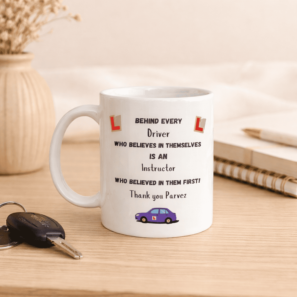 Personalised thank you mug for a driving instructor featuring a custom message and driving design, a thoughtful handmade thank you gift.
