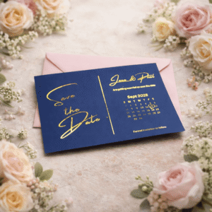 Personalised save the date wedding invitation with elegant gold lettering and custom names and wedding date, a stylish personalised wedding keepsake.