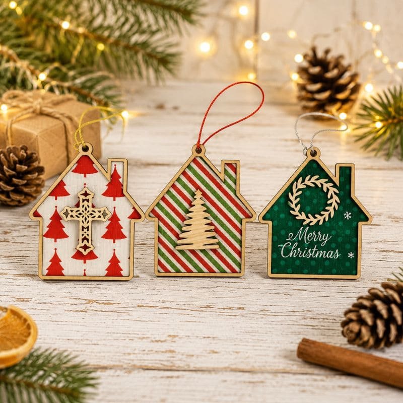 Set of 3 personalised wooden house-shaped Christmas hanging ornaments with festive patterns and engraved designs.