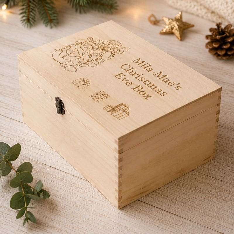 Personalised wooden Christmas Eve box engraved with Santa design and child's name, handmade in Cheshire