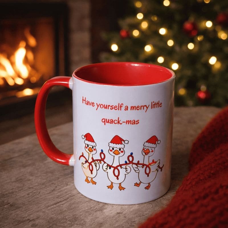 Personalised Christmas mugs category — red and white mug with ducks in santa hats and "merry little quack-mas" quote