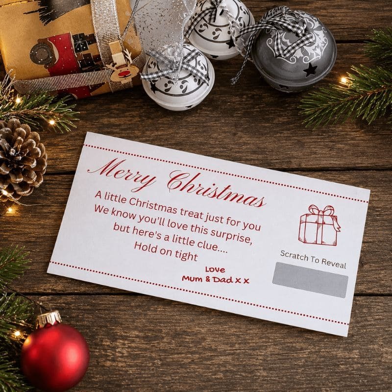 Personalised Christmas scratch card gift voucher with "Merry Christmas" message and scratch-to-reveal surprise