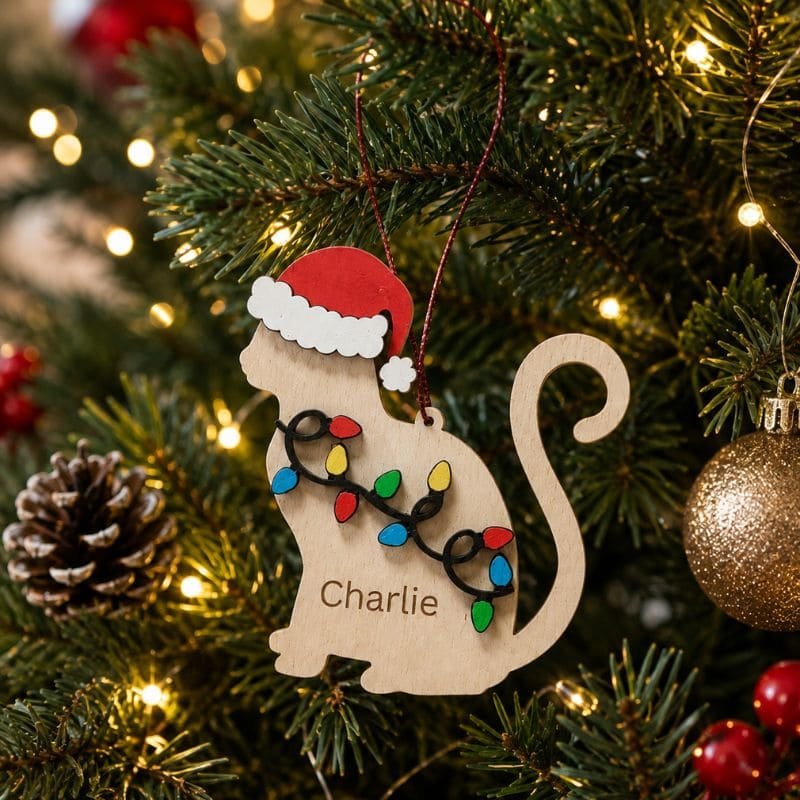 Personalised wooden cat Christmas hanging decoration with Santa hat, fairy lights design and pet's name engraved